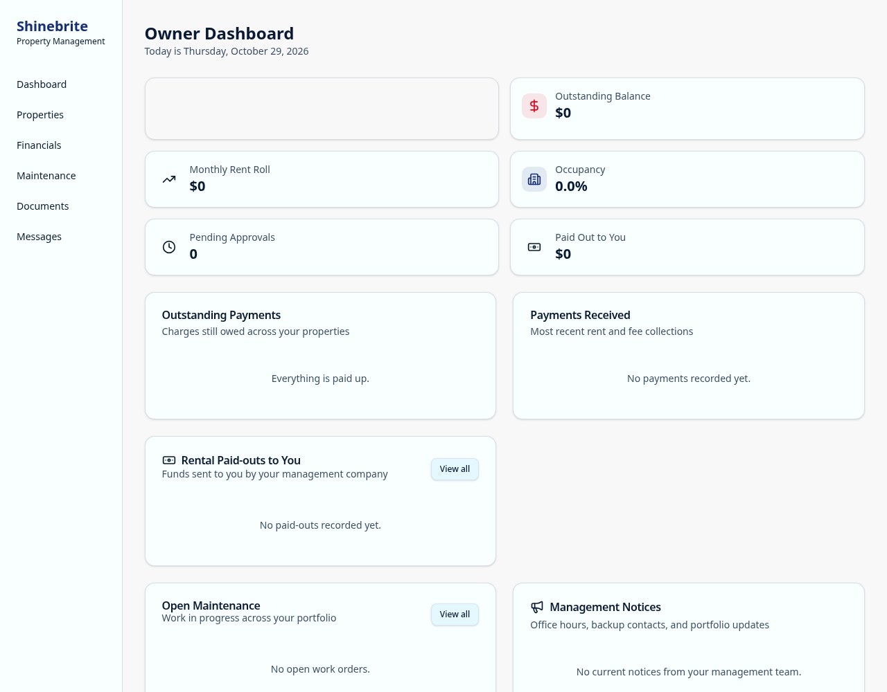 Owner Portal screen preview rendered from the Shinebrite app with empty or demonstration records