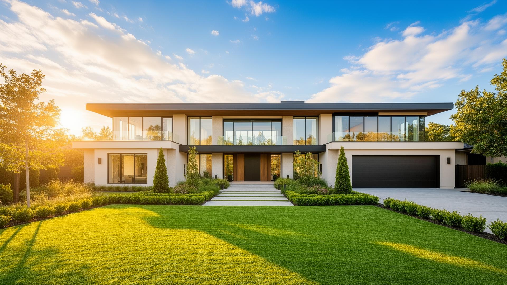 Modern luxury Connecticut & Massachusetts home exterior with manicured lawn under a sunny blue sky