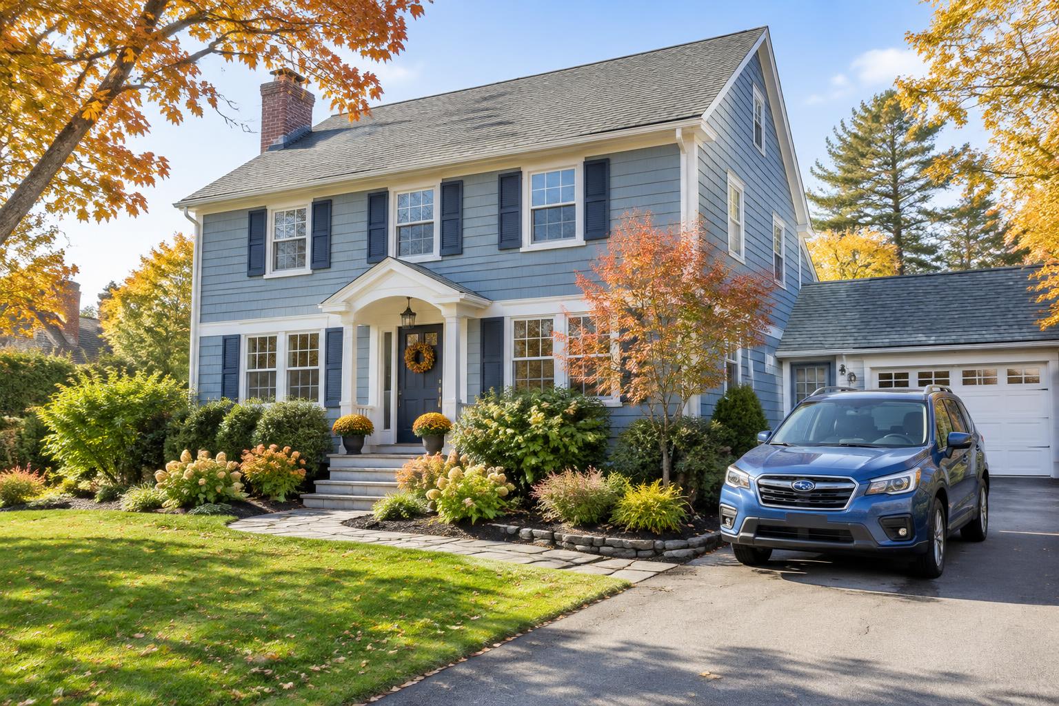 Illustrative New England home and a car in the driveway